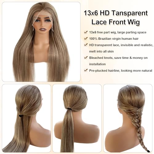 Image of 28 Inch Ombre Brown Highlight Lace Front Wigs Human Hair Balayage Brown with Ash Blonde Highlights Brazilian Raw Human Hair 13x6 HD Frontal Wig Pre Plucked 180% Density Glueless Wigs for White Women