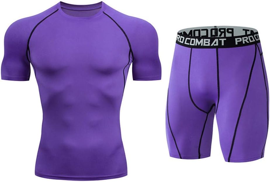 Men's Sports Compression Fast Drying Elastic Fitness T-Shirt Tops+Short Pants Sports Tight Suit Beautyfine