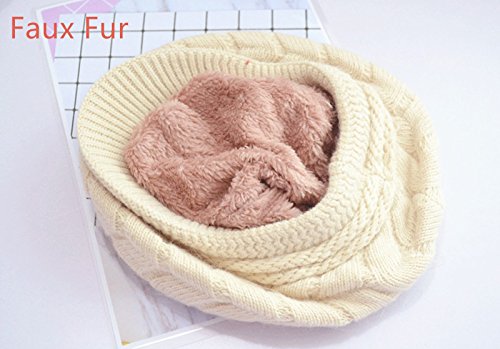 Elonglin Gorro feminino de inverno canelado de malha Skullies gorro de esqui forrado, Branco, Tamanh
