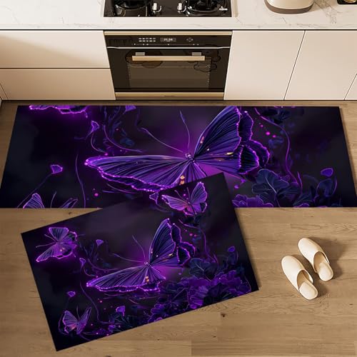 Küchenteppich 2 Stück, Teppich Küche Lila Schmetterling Waschbar Rutschfest, Küchenläufer Fantasy-Kunststil, Teppichläufer Flur, Teppich Läufer für Küche, Flur (40x60cm+40x120cm, Dunkelviolett)