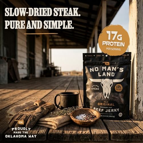 Image of No Mans Land Slow-Dried Beef Jerky | Smoked & Seasoned Jerky Strips | High Protein, Low Carb Beef Snack | Gluten Free - MILD (7.5oz)