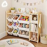 DOREROOM Toy Storage Organizer with Bookshelf, Kids Toy Storage and Organizers with 3 Shelves/9 Bins/3 Hooks, Bin Shelf, Toy Organization for Playroom, Nursery, Bedroom, Toddler Room | Wood & White