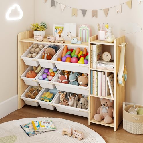 DOREROOM Toy Storage Organizer with Bookshelf Kids Toy Storage and Organizers with 3 Shelves/9 Bins/3 Hooks Bin Shelf Toy Organization for Playroom Nursery Bedroom Toddler Room | Wood & White