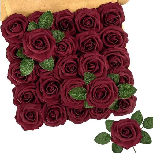 N&T NIETING Künstliche Blumen Rosen, 25 Stück Deko Blumen Fake Rosen kunstblume mit Stielen für DIY Hochzeit, Valentinstag, Muttertag, Babyparty, Blumensträuße Braut Zuhause Dekoration, Dunkelrot