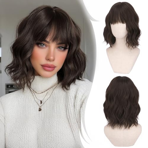 RUWISS Peluca pelo Natural Marrón Oscuro con Flequillo, 35 cm Pelucas Mujer pelo Natural Rizado Ondulado Peluca Bob Corta Sintética para Cosplay Fiestas