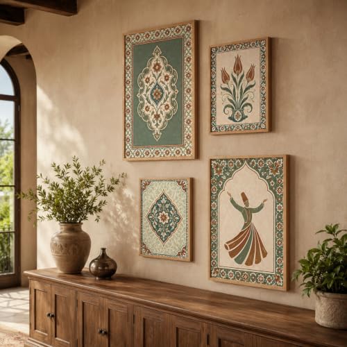 Image of Livin'luxe Set of 4 Persian Floral & Sufi Dancer Wall Paintings with Sparkle Laminate and Premium Wooden Synthetic Frame for Living Room Bedroom Office Decor (13.5 x 19.5 Inch & 11.5 x 13.5 Inch)