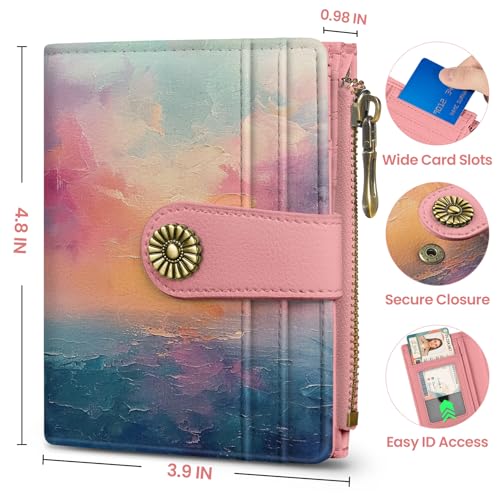 Image of Small Wallet for Women, RFID Blocking Bifold Card Holder Wallet with 10 Card Slots, Cash Compartment, Zipper Coin Pocket & ID Window, Cute Soft Vegan Leather Compact Wallet, Sunset