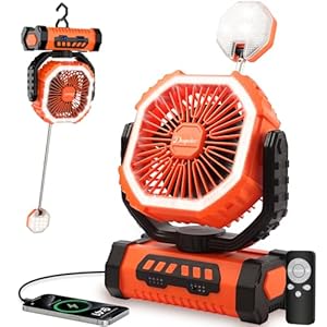 Camping Fan with LED Lantern, 20000mAh Portable Rechargeable Desk/Tent/USB Fan with Remote and Hook, Timer, Phone Charging for Outdoor, Office, Fishing, Power Outage, Hurricane, Picnic, Orange