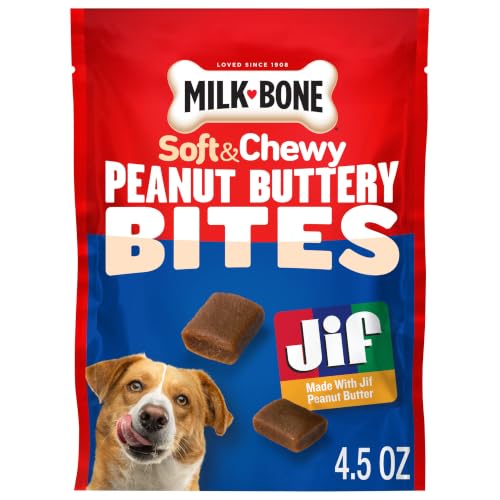 Image of Milk-Bone Soft & Chewy Peanut Buttery Bites, 4.5 Oz. Bag | Soft dog treats with Jif peanut butter