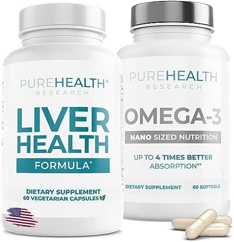 PUREHEALTH RESEARCH Omega3 DHA Supplements and Liver Support Pills Bundle – Fish Oil Capsules for Your Brain, Health and Liver Cleanse & Detox Flush Process – Memory and Focus Supplements for Adults