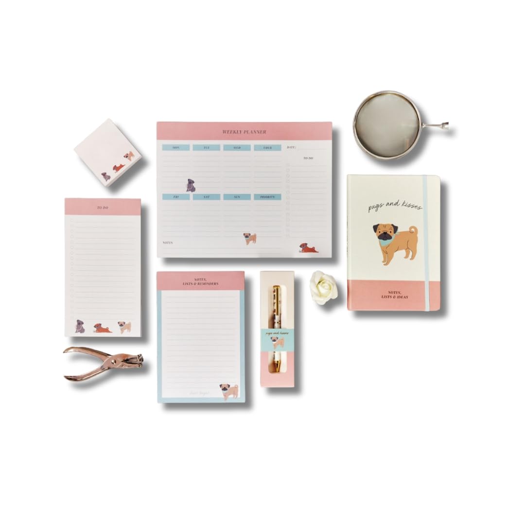 Cute Creations Dog Lovers Stationery Gift Set, 7 Piece Collection, A4/A5 Size, Includes Notebook, Planner, Notepad, Pen, Sticky Notes (Pug Gift Set)