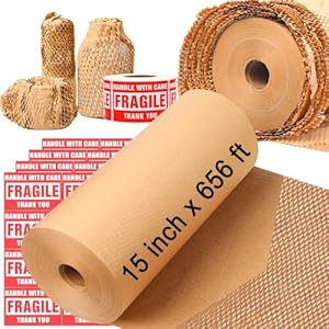 Honeycomb Packing Paper 15”x656′ Substitute Alternative for Bubble Cushioning Wrap for Moving Shipping Packaging,Recyclable Moving Supplies Biodegradable Packing Paper with 500 Fragile Sticker Labels