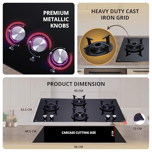 Image of Elica 90cm 4 Burner Auto Ignition Hob | RG FLEXI 491 LOTUS IND HD Brass | SABAF Brass Burners | Built-in & Freestanding | Toughened Black Glass | 10-Year Burner & 5-Year Glass Warranty