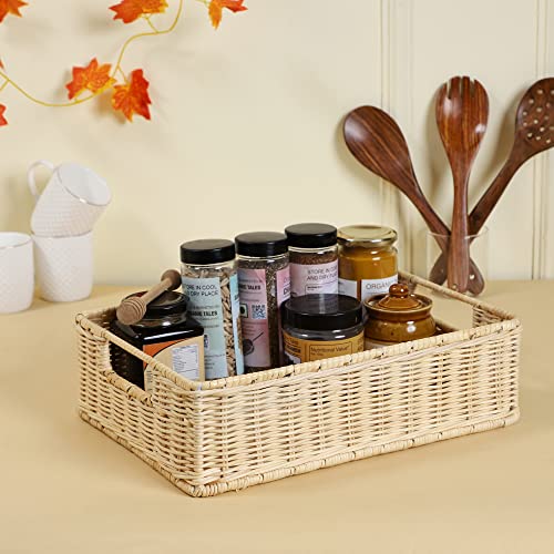 Image of Handmade Rattan Storage Tray for Bathroom & Kitchen Counter | Wicker Vanity Organizer Tray | Natural Cane Home Decor (35x25x10 cm, Beige)