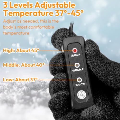 Fouvin Beheizbare Handschuhe, Winterhandschuhe, USB Handschuhe für Damen und Herren,Touchscreen Skihandschuhe Fahrradhandschuhe mit 3-stufige Temperaturregelung 45-40-37 °C (Schwarz)