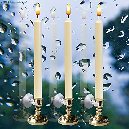 Image of Wondise Flameless Window Candles with Timer & Remote, 10 inch Battery Operated 3D Wick LED Flickering Window Candles for Christmas Decoration, Removable Gold Holder and Suction Cups Included(6 Pack)