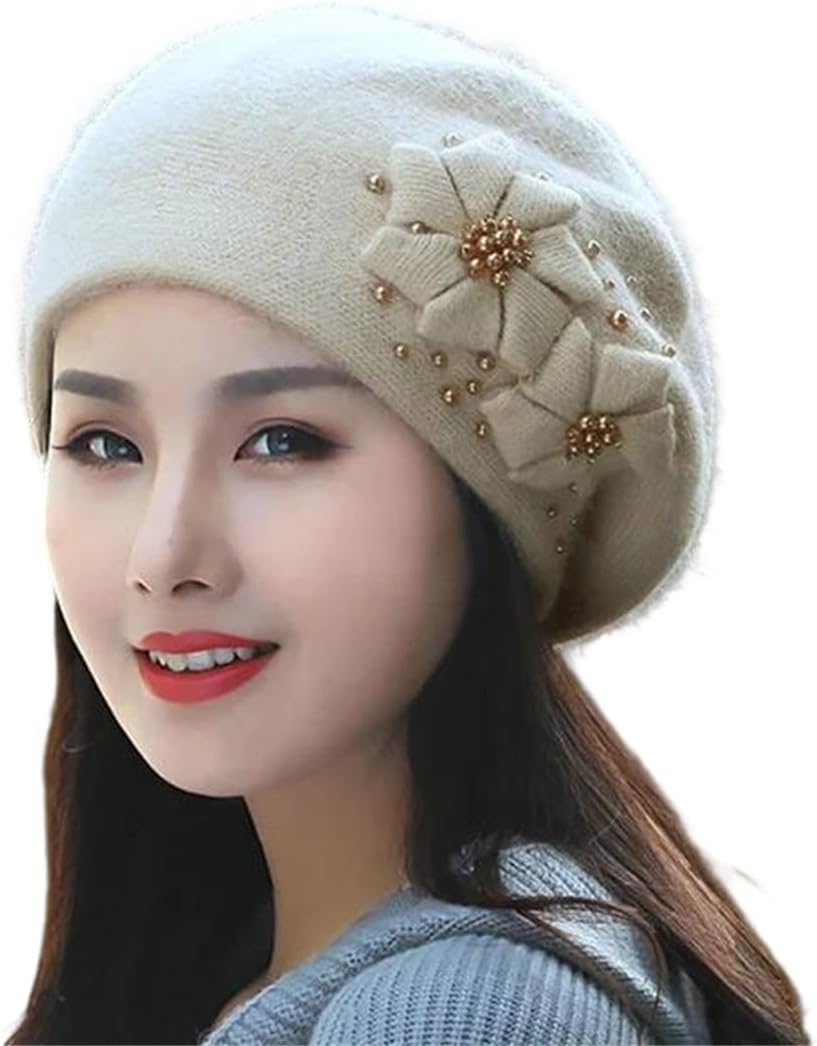 Women's Winter Knit Beanie with Flower Pearls Detail Warm Soft Classic Outdoor Accessory Cap