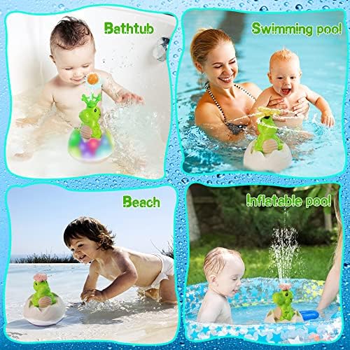 KINSI Baby Bath Toys, Dinosaur Egg Rechargeable Water Spray Light up Bathly Sprinkler, Kids Led Bath Tub Toy Charger 3 Spray Styles Fly Ball, Bathtub Toy with Rubber Dinosaur Bathtime Gift Christmas