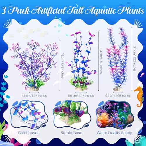 Image of Zeyune 18 Pcs Fish Tank Decorations Artificial Plastic Plants Decoration and Rock Cave Decor Set Aquarium Decor Resin Castle Sunken Ship Starfish Barrel Goldfish Betta Tank Accessories Purple Ornament