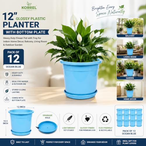 Image of 12 Inch Glossy Plastic Planter with Bottom Plate | Heavy Duty Flower Pot with Tray for Indoor Home Decor, Balcony, Living Room & Outdoor Garden (12 Pot, Ocean Blue)