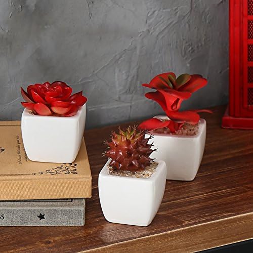 MyGift Set of 3 Miniature Artificial Succulent Plants w/Ceramic Plant Pots, Red - 5