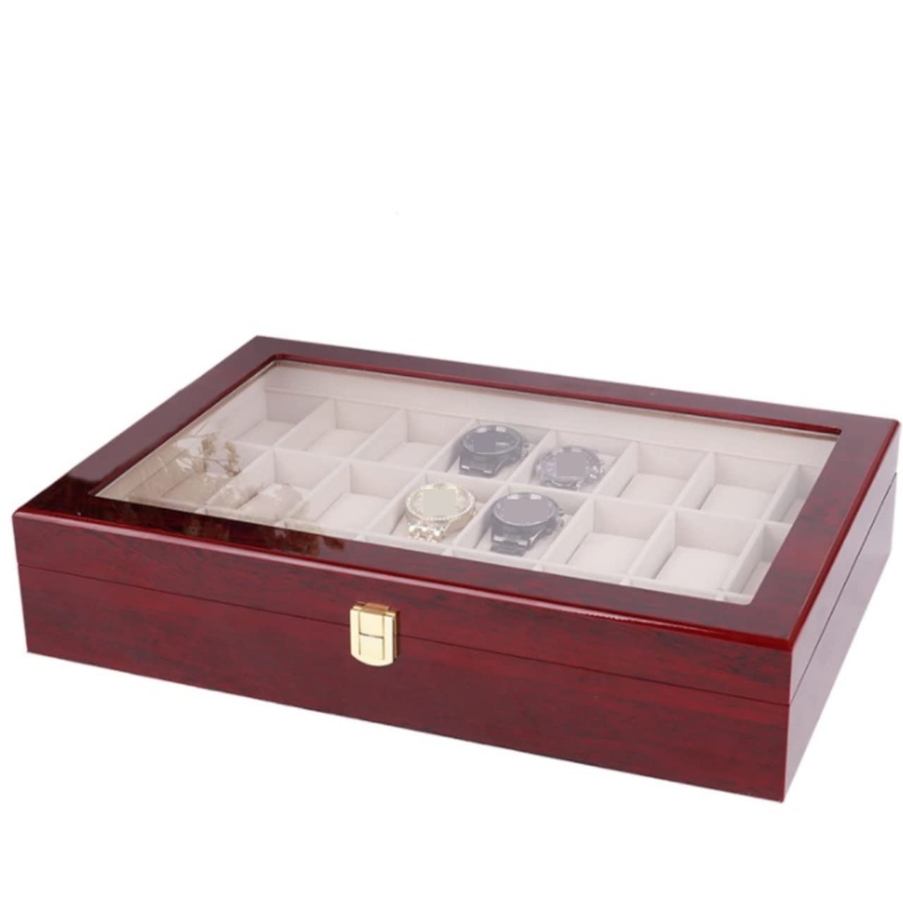 Étui À Montres, Enrouleur De Montres, Rangement Élégant pour Montres Et Bijoux en Bois, Boîte À Montres À 24 Compartiments, Présentoir À Montres Transparent avec Boucle E,