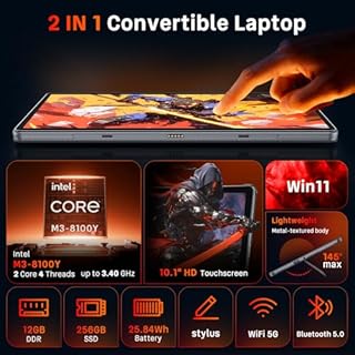 Brhona 10,1" 2 en 1Tablette 12Go RAM, 256Go SSD, Win 11 Pro Processeur Inte M3-8100Y (jusqu'à 3,40 GHz) |Écran Tactile avec Stylet et Clavier | WiFi 5,BT5,HDMI (Tablette 10,1" avec Stylet)