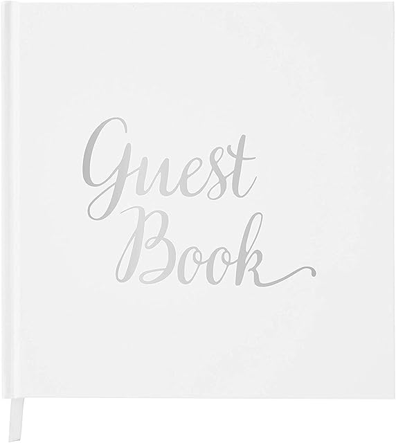 Wedding Guest Book Guestbook Silver - Memory Signature Message Book - Birthday Engagement Party - White Paper with Ribbon Silver Foil Stamping - Thick Paper 32 Page/64 Side Square