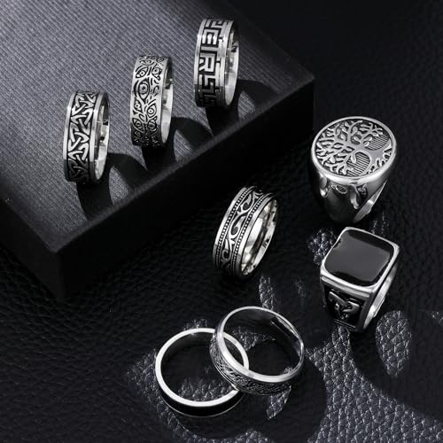 EIELO 8Pcs Stainless Steel Vintage Rings for Men Greek Signet Thumb Silver Retro Carving Celtic Band Rings Vintage Biker Band Rings Set Edge Mens Rings Jewelry2