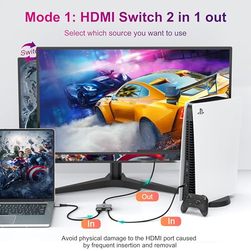 HDMI Switch 2 in 1 Out, 4K@60HZ Aluminum HDMI Switcher 1 in 2 Out, Monitor Switch for 2 Computers, Bi-Directional HDMI Splitter Compatible with PS5/4, PC, Xbox Series and More - Thumbnail 3