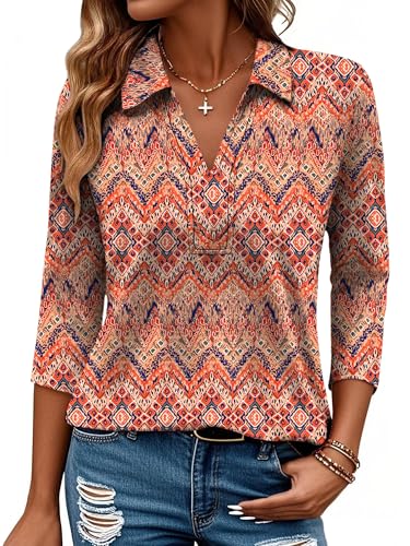 Bellcoco Summer Tops for Women 3/4 Length Sleeve Tops and Blouses Dressy Business Casual Outfits Work Cruise 2025,Floral Coral,XL