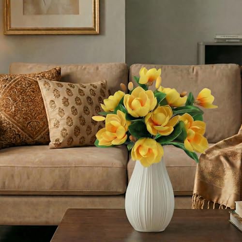 Image of Decor & More 2 PCS Artificial Flowers Bunch - Silk Magnolia Bouquet Long Stem for Vase | Artificial Flower for Decoration | Long Artificial Flowers for Big Vase, Home & Wedding Decor (Without Pot)