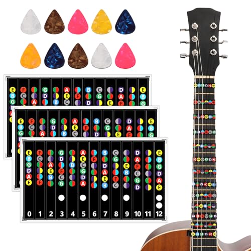 3 Pcs Guitar Fretboard Stickers, Self Adhesive Guitar Note Stickers with 10 Pcs Picks, Color Coded Note Decals Learn Guitars Tabs Tools for Beginner Learner