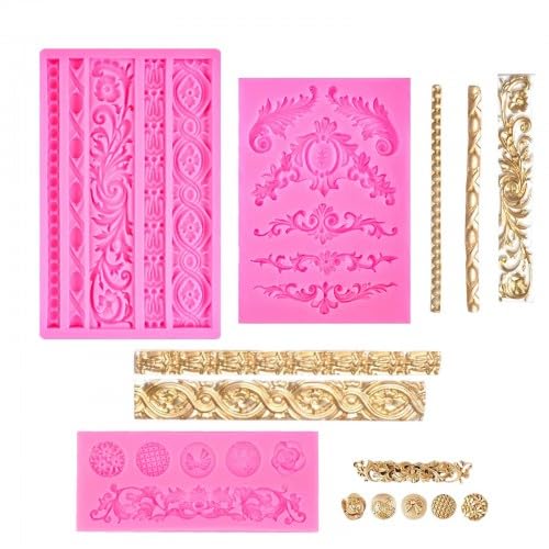 Disnace 3 Piezas Barroco Molde de Silicona, Set Molde de 3D, Retro Relieve Molde para Manualidades, Moldes de Silicona de Fondant para Decoración Gelatina Dulces (Rosa)