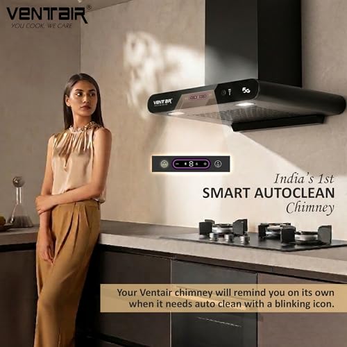 Image of Ventair 60 cm Voice Enabled 1400 m3 /hr Smart Autoclean Kitchen Chimney (Ruby 5G 60, Voice Enabled, Motion Sensor, Made in India, 11 Filterless with Metallic Oil Collector, T Shape, Black)