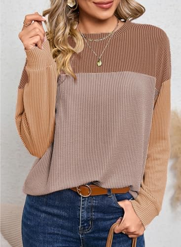 Image of Dokotoo Womens Tops Fashion 2026 Color Block Long Sleeve Shirts for Women Crewneck Knitted Casual Loose Blouses