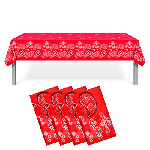 4pcs Western Party Tablecloth Red Paisley Plastic Table Cover Floral Table Covers Rectangular Bandana Western Party Supplies