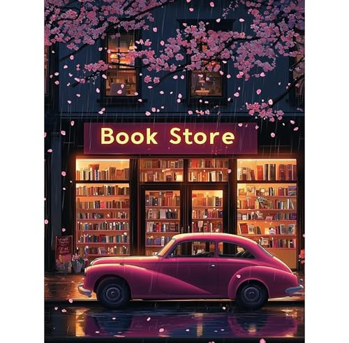 Image of QENSPE Diamond Art Kits for Adults, DIY Bookstore At Night Full Drill Diamond Painting Art Kit for Beginners, Pink Car 5D Round Diamond Dots Paintings, Gem Art Crafts Home Wall Decor Gifts 12x16 inch