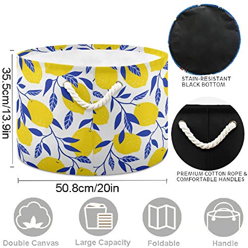 Image of visesunny Storage Basket Yellow Lemon With Blue Leaf Nursery Hamper Canvas Fabric Toy Storage Organizer Bin Storage Box Laundry Basket for Kid Rooms,Playroom,Shelves,Toy Basket,Gift Basket