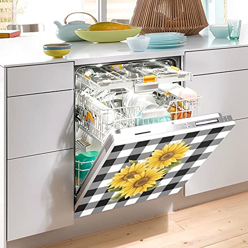 Sunflower Black White Buffalo Plaid Dishwasher Magnet Cover Yellow Floral Lumberjack Check Magnetic Sticker Dish Washer Door Panel Cover Fridge Appliance Magnet Decal Sheet Kitchen Decor 23X26 Inch #TOP4