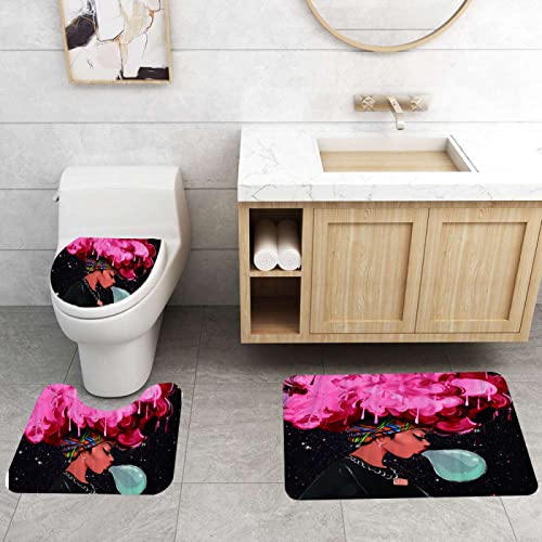 3-teilig Badematten Set, 3D Digitaldruck Mädchen Badteppich Sets rutschfest Badvorleger Schwarz Waschbar U-Förmiger…