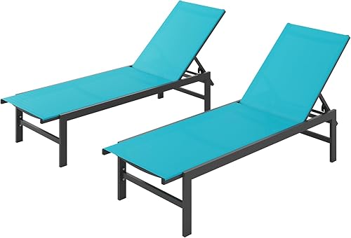 Miniatura 15 de Juego de 2 Tumbonas Exteriores para Piscina, Tumbonas de Aluminio con Respaldo Reclinable de 5 Posiciones, Tumbona de Patio para Patio Trasero, Azul