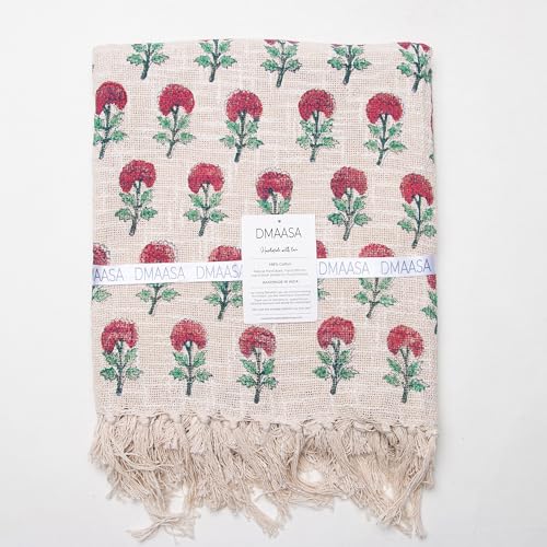 Image of 100% Cotton Hand Block Printed Throw Blanket 50x60 inches (127cm x 152.4cm) - Soft, Lightweight & Breathable Sofa, Bed or Couch Blanket - Cozy Decorative Boho - Home Decor Accent (Pack of 1)