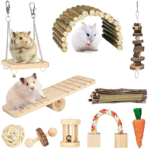 OmeHoin Hamster Kauspielzeug, 11 Stück Natürliches Kiefernholz aus Holz Übung Glockenrolle Zahnpflege Molar Backenzahnspielzeug Spielzeug Cover