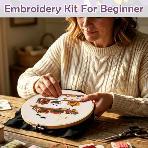 Image of Nuberlic Halloween Ghost Reading Embroidery Kit for Beginners | Easy Spooky Bookshelf Design, Cross Stitch, Complete Starter Kit with Hoop, Pre-Printed Fabric, Threads & Needles
