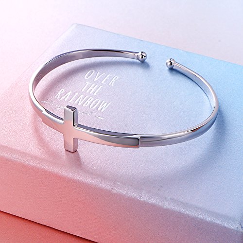 Daochong S925 Sterling Silver Engraved Faith Hope Love Inspirational Cuff Cross Bangle For Women Sister #TOP3