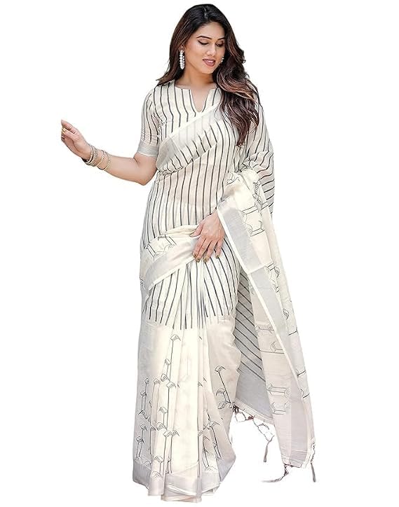 Image of Lilan Cotton Saree with White Daisy Floral Prints Tassel Pallu Lightweight Summer Saree