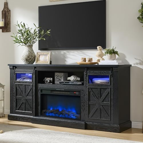 Fireplace TV Stand for up to 80 Inch TVs, 32’’ Tall LED Entertainment Center with Electric Fireplace, Farmhouse TV Console Table w/Sliding Barn Door & Window for Living Room, Rustic Gery - Thumbnail 3
