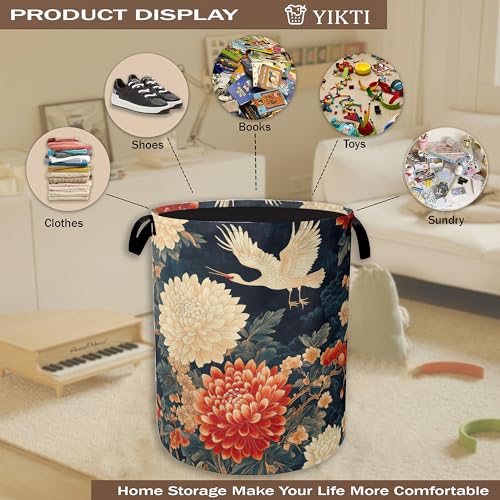 Image of Collapsible Laundry Basket,Retro Crane Dirty Clothes Hamper,Vintage Flowers Hampers for Bedroom Waterproof Oxford Cloth Storage Organizer for Bathroom,Nursery,Dorm,16x20 Inch