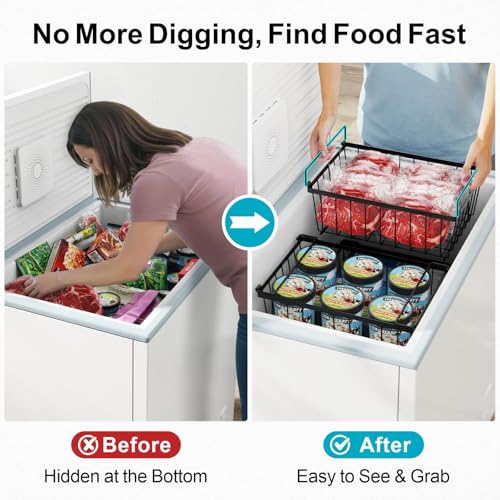 Image of iSPECLE Freezer Organizer Bins - Storage Baskets for 5 Cu.Ft, 4 Pack | Easy Food Access, Stackable Wire Storage, Vertical Space for Frozen Food, Sorts Meat, Vegetables and Bagged Items, Home